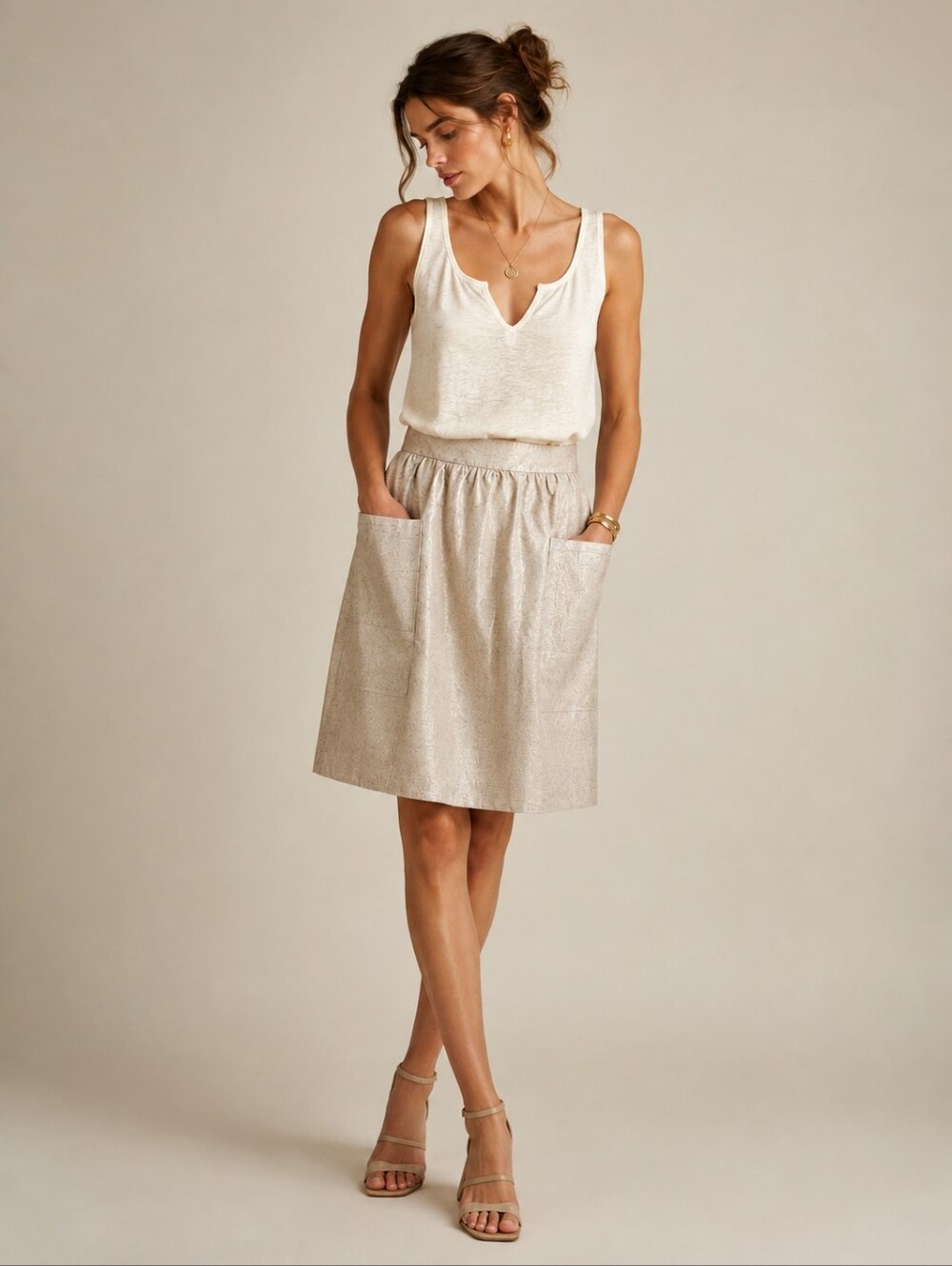 Cartonnier Anthropologie Women Casetta Skirt 12 Metallic Linen Cotton Pockets NW